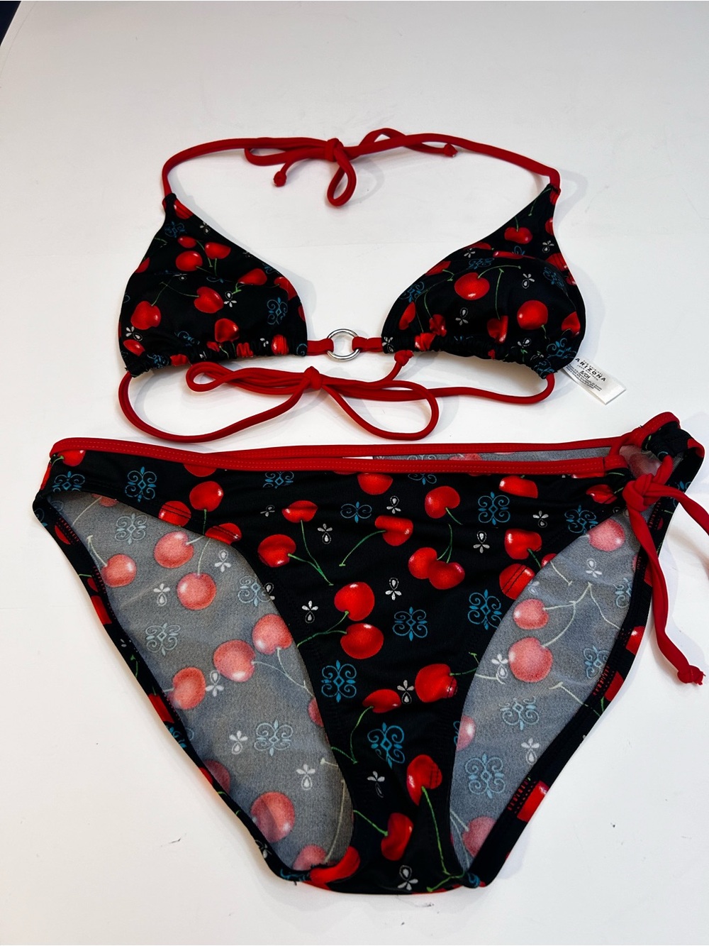 Arizona Jean Company Black Bikini Top with Red Cherry Print